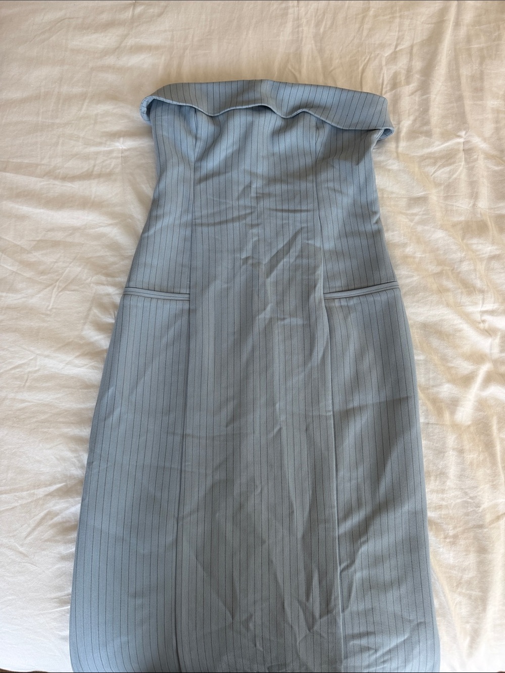 Abercrombie & Fitch Strapless Light Blue Pinstripe Midi Dress